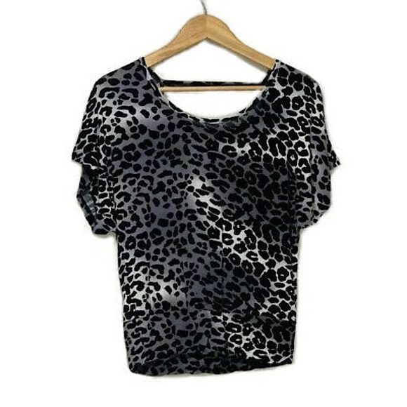 American Dream Tops - American Dream Black/Gray Leopard Print Open-Back Short Sleeve Blouse